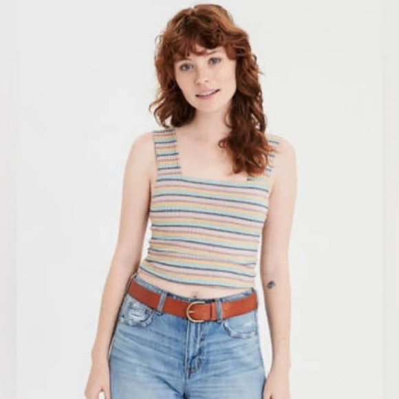 American Eagle Outfitters Square Neck Cropped Stripped Tank Top Size L - Picture 1 of 5